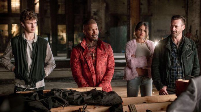 BABY DRIVER, FROM LEFT, ANSEL ELGORT, JAMIE FOXX, EIZA GONZALEZ, JON HAMM, 2017. PH: WILSON WEBB.